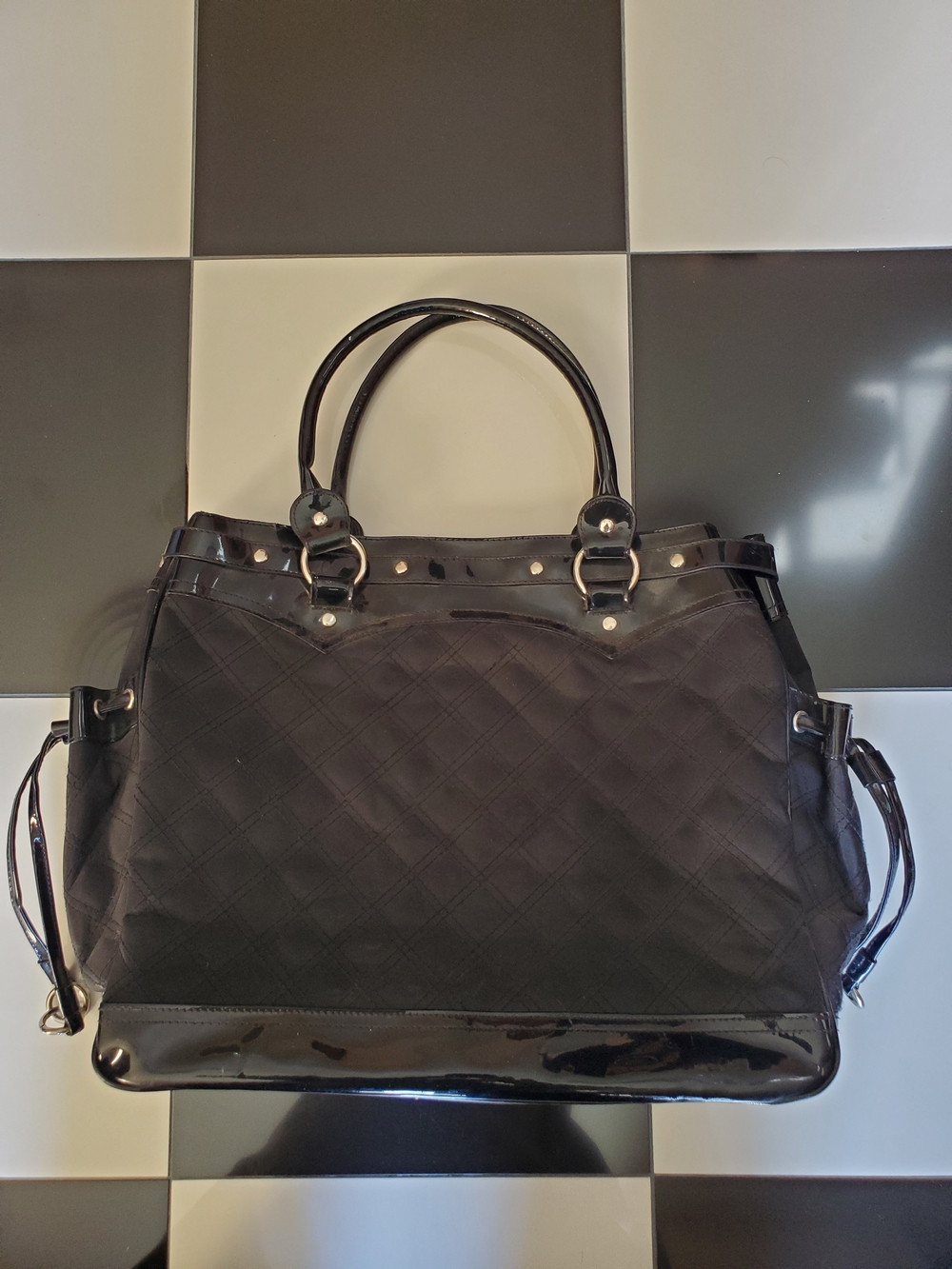 LULU Black Quilted Tote Bag with Patent Trim - Women